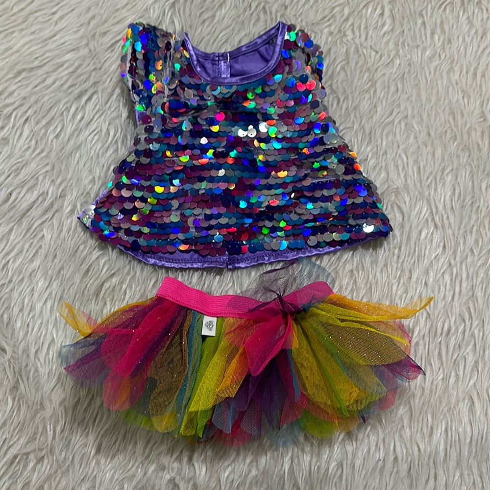 Build a bear purple sparkling top and glittery skirt